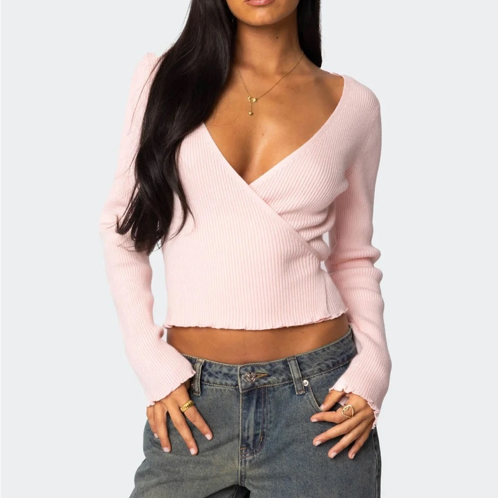 NWT Edikted Pink Ribbed Wrap Top